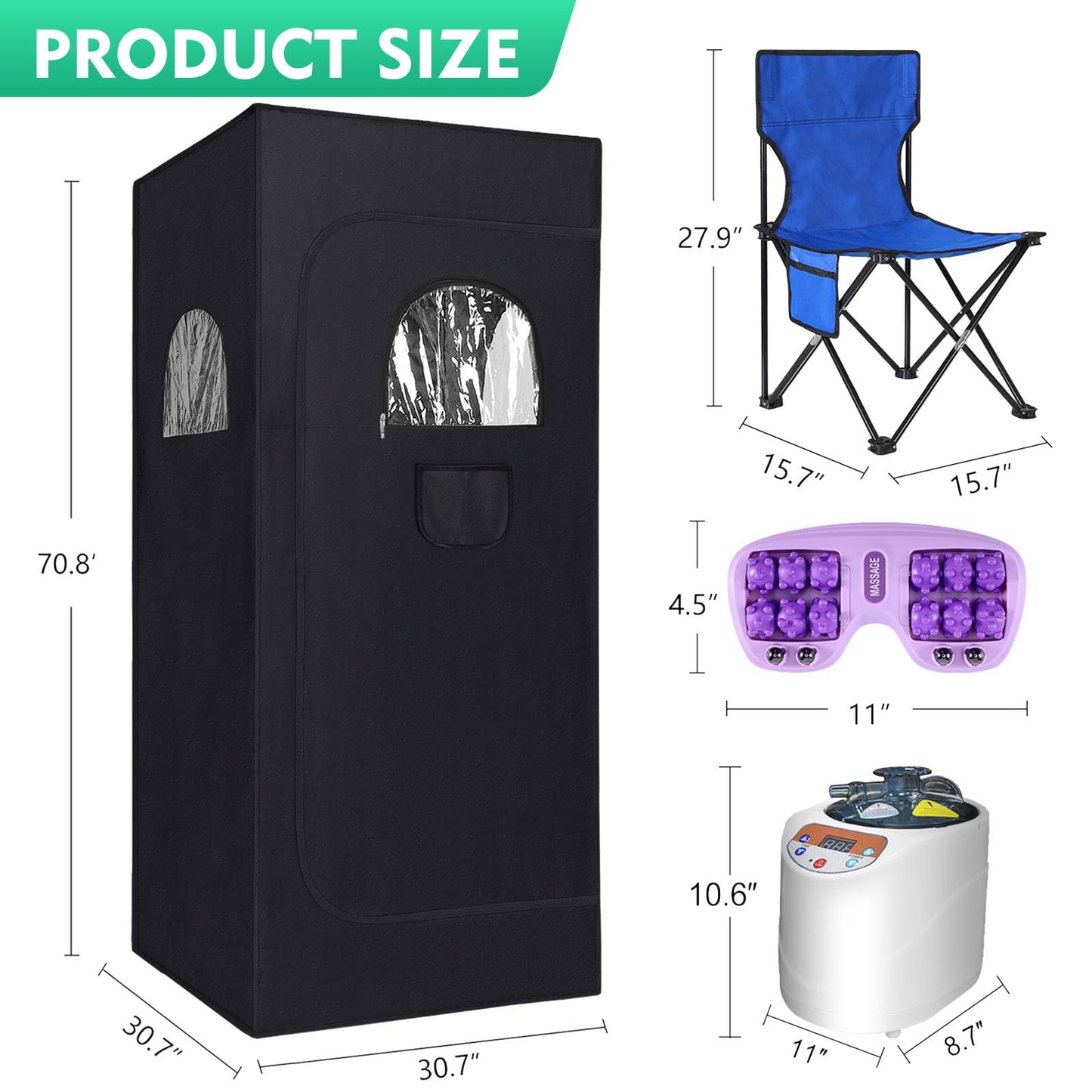 Sauna, Portable Sauna, Sauna Box, Steam Sauna Tent for Home Spa,Large Space Personal Home Sauna Tent Full Body with 3L 1100w Steaamer,Chair,Foot Massager,Remote Control & RGB LED Light (Black)