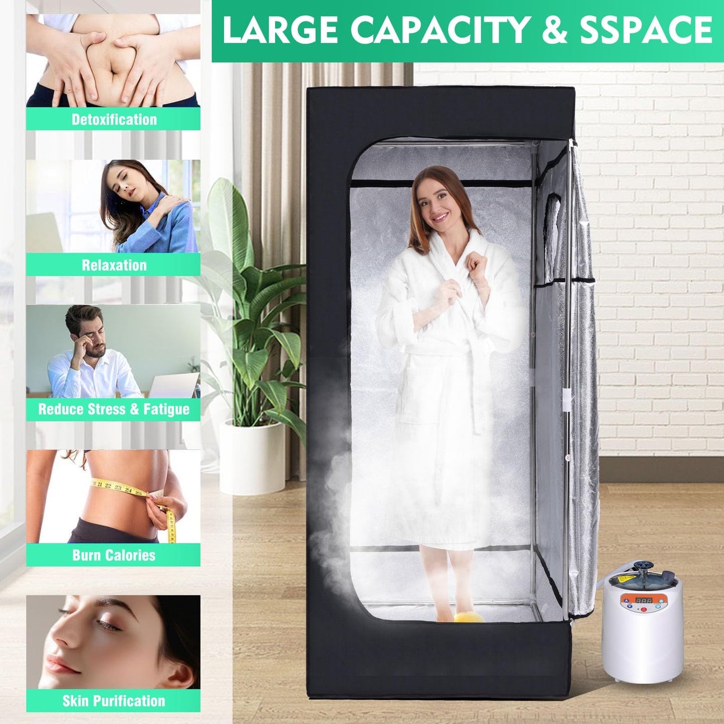 Sauna, Portable Sauna, Sauna Box, Steam Sauna Tent for Home Spa,Large Space Personal Home Sauna Tent Full Body with 3L 1100w Steaamer,Chair,Foot Massager,Remote Control & RGB LED Light (Black)