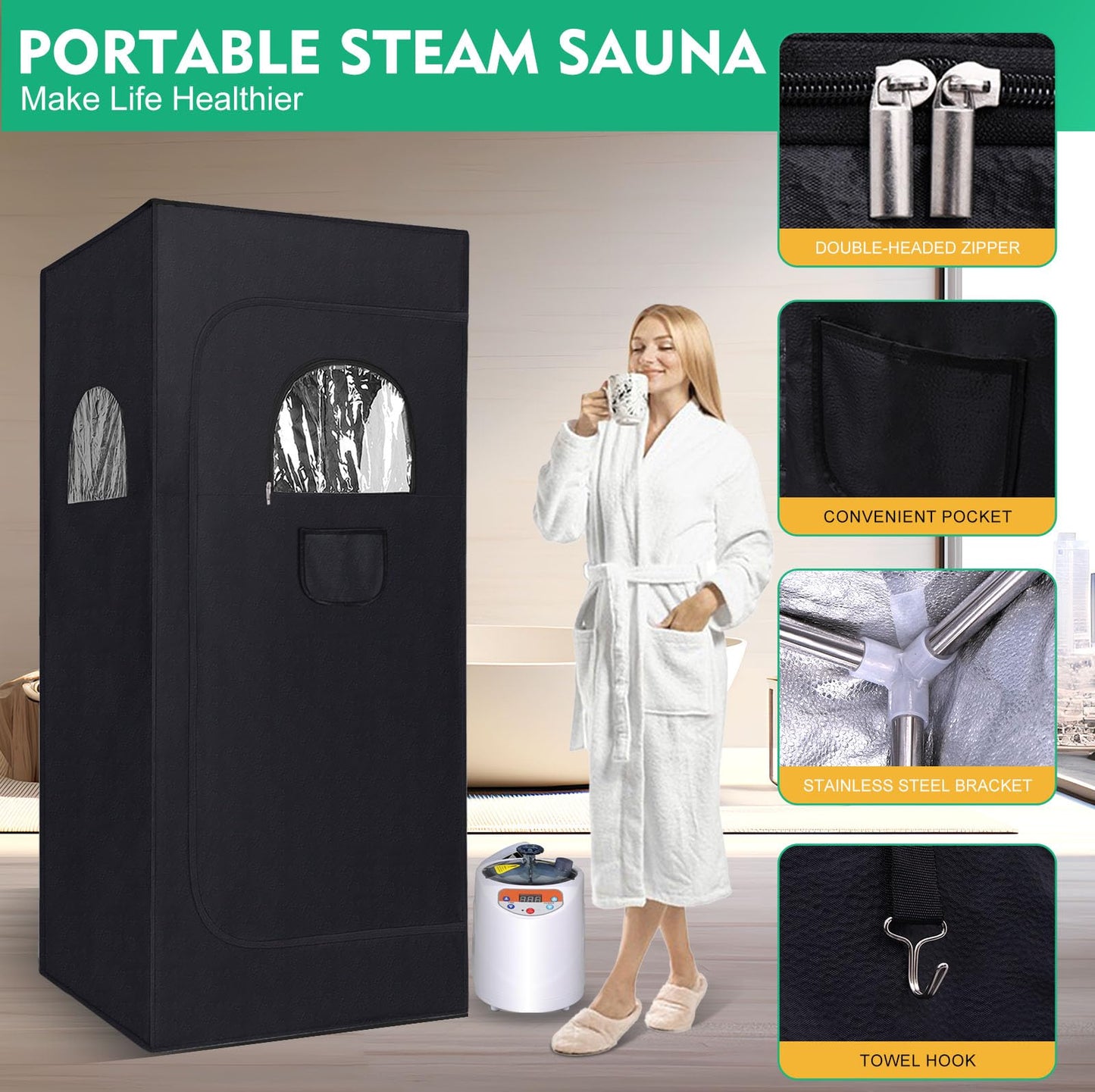 Sauna, Portable Sauna, Sauna Box, Steam Sauna Tent for Home Spa,Large Space Personal Home Sauna Tent Full Body with 3L 1100w Steaamer,Chair,Foot Massager,Remote Control & RGB LED Light (Black)