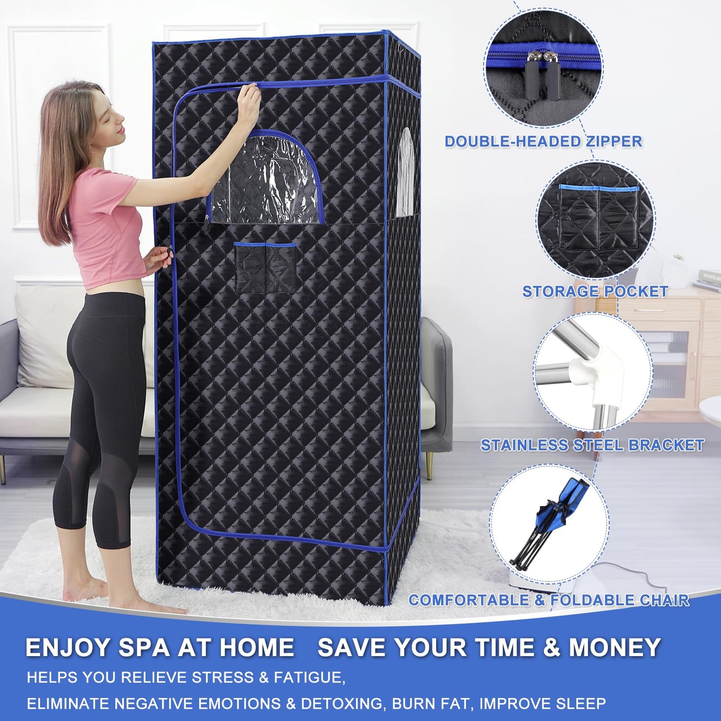 Sauna, Portable Sauna Box,Single Personol Steam Sauna for Home Spa,Large Space Sauna Tent Full Body for Home with 3L 1100w Steamer,Chair,Foot Massager,Remote Control Included