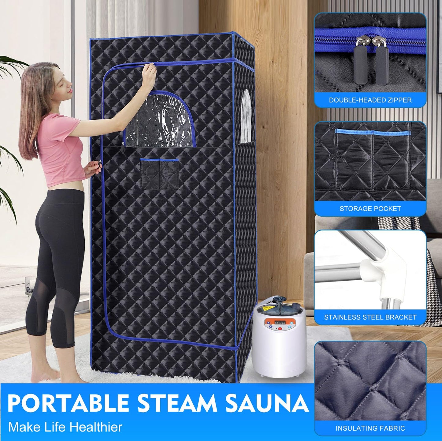 Portable Sauna Box,Steam Sauna Tent for Home Spa,Large Space Personal Home Sauna Tent Full Body with 3 L 1100 w Steamer,Chair,Foot Massager,Remote Control Included (Black)